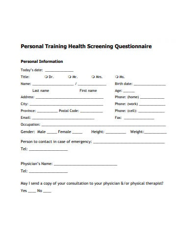 example of a health screening questionnaire for fitness