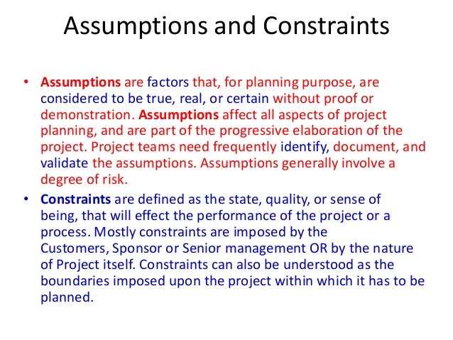 project assumptions and risks example