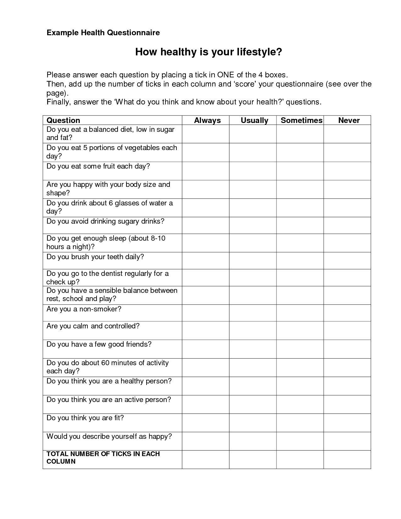 example of a health screening questionnaire for fitness