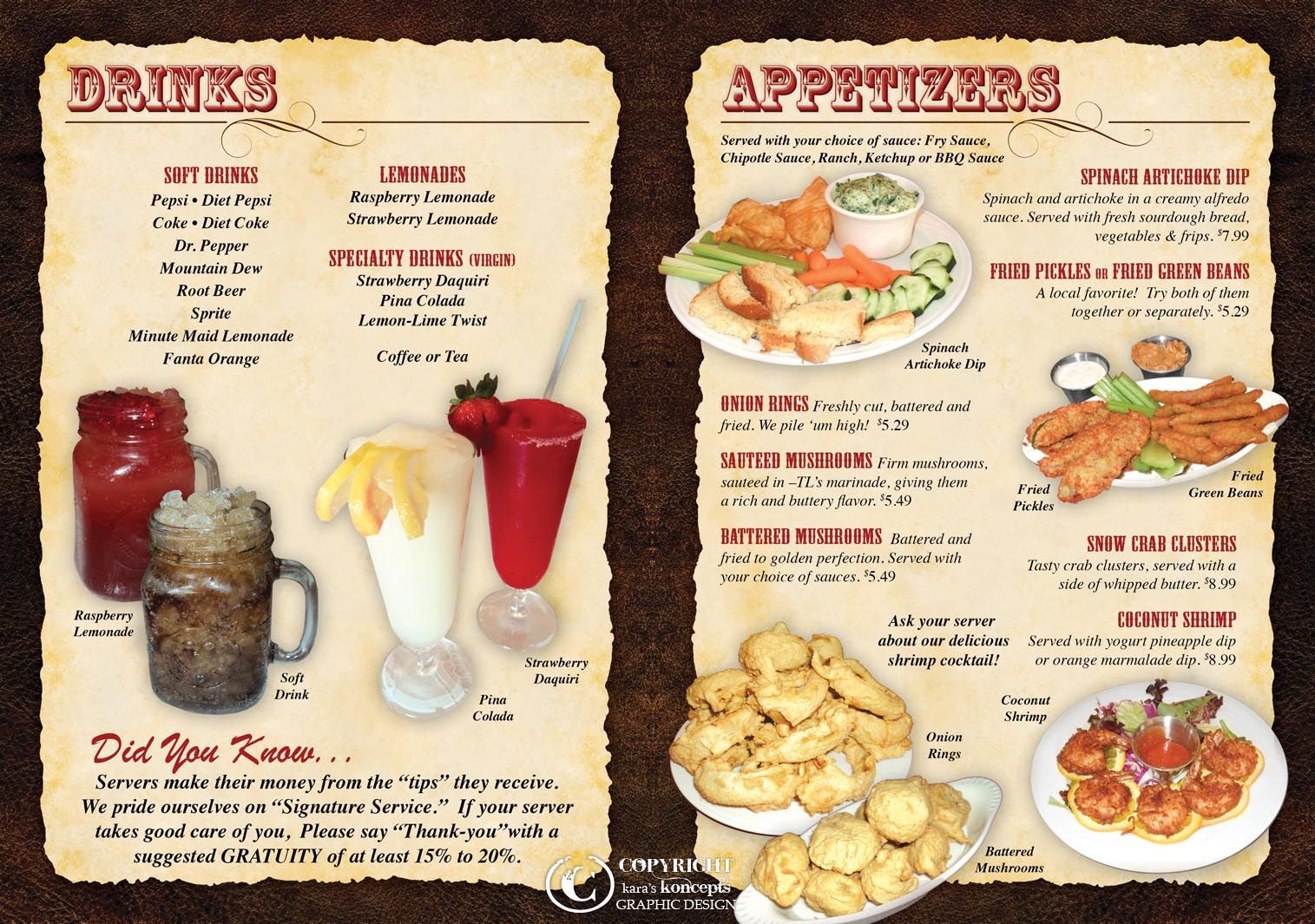 example of menu card in a restaurant with price